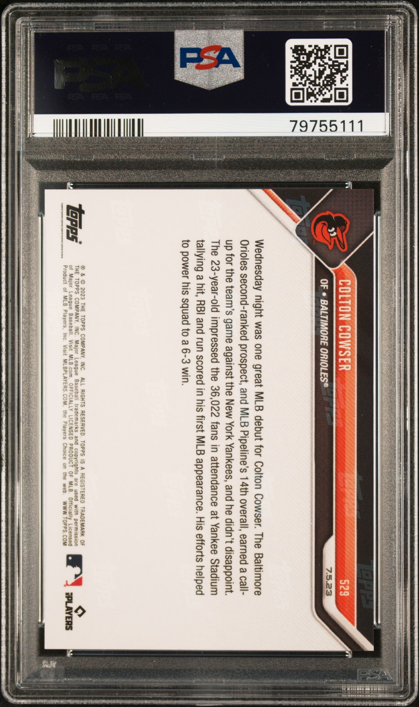 Graded 2023 Topps Now Colton Cowser #529 Rookie RC Baseball Card PSA 10 Gem Mint