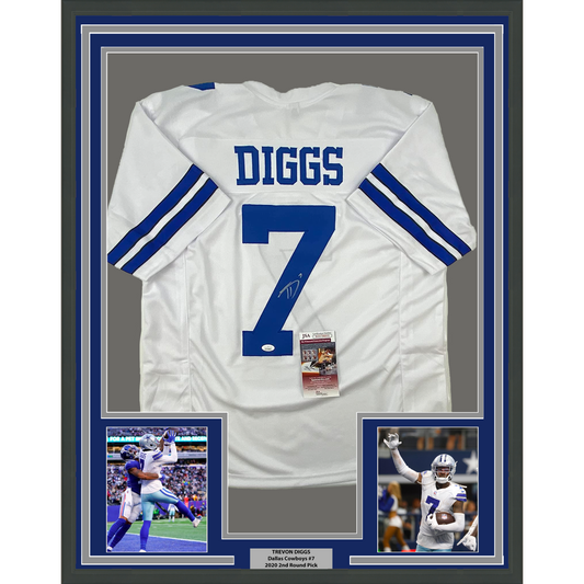 Framed Autographed/Signed Trevon Diggs 35x39 Dallas White Football Jersey JSA COA