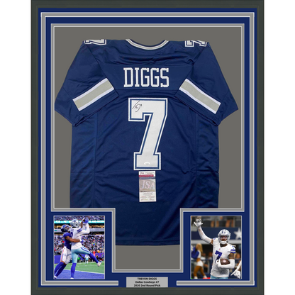 Framed Autographed/Signed Trevon Diggs 35x39 Dallas Blue Football Jersey JSA COA
