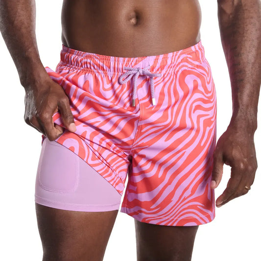 Tropical Swirl, Coral and Orchid Hybrid Short, Compression Lined Swim and Resort Trunk