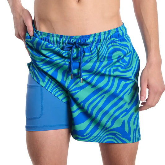Tropical Swirl, Ocean and Palm Hybrid Short, Compression Lined Swim and Resort Trunk