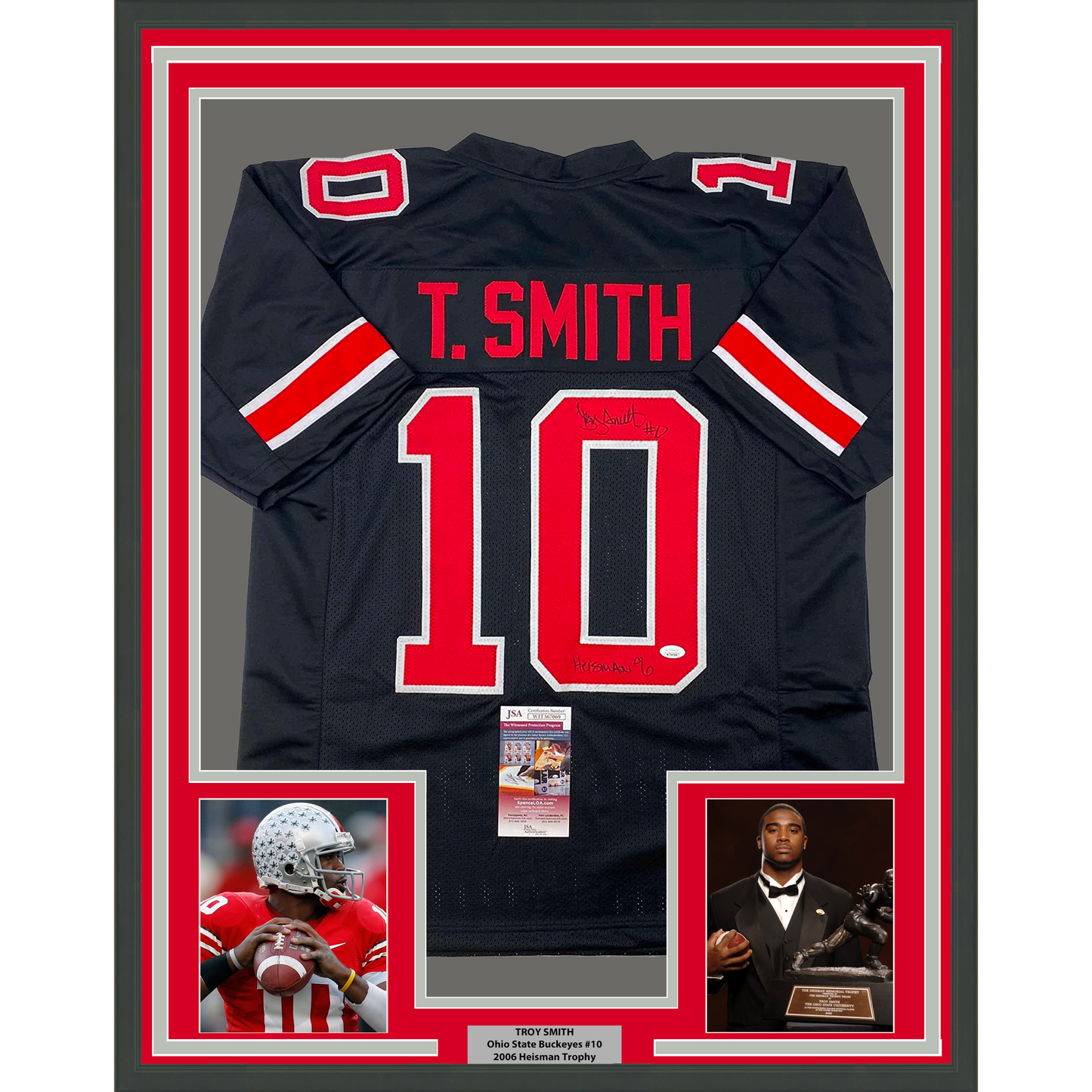 Framed Autographed/Signed Troy Smith Heisman 35x39 06 Ohio State Black College Football Jersey JSA COA