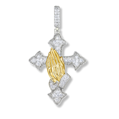 Two Tone Praying Hands Cross Pendant 925 Sterling Silver