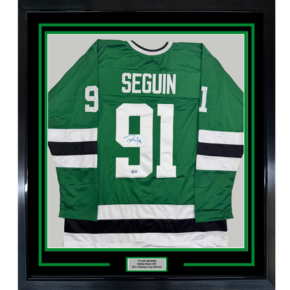 Framed Autographed/Signed Tyler Seguin 35x39 Dallas Green Hockey Jersey Beckett BAS COA