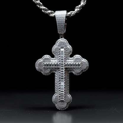 Moissanite Cross Pendant – 925 Silver Iced Baguette Jewelry