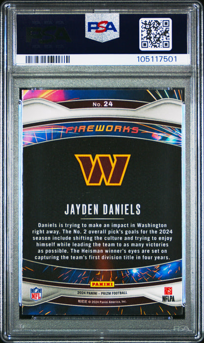 Graded 2024 Panini Prizm Jayden Daniels #24 Fireworks Rookie RC Football Card PSA 10 Gem Mint