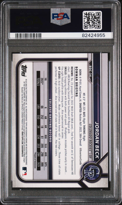 Graded 2022 Topps Bowman Draft Jordan Beck #BDC34 Chrome Rookie RC Baseball Card PSA 10 Gem Mint