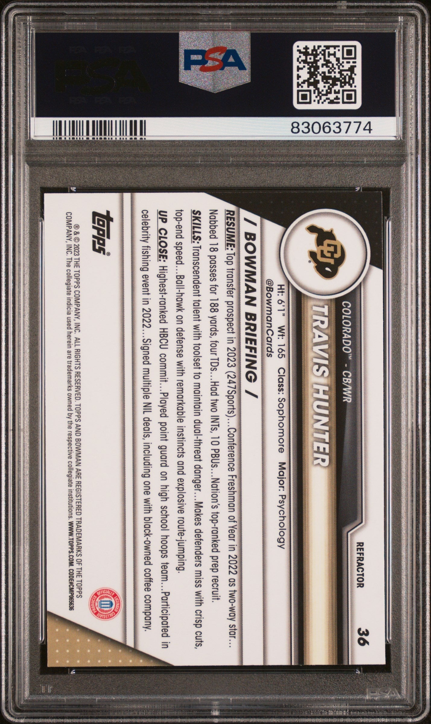 Graded 2023 Topps Bowman U Chrome Travis Hunter #36 Refractor Rookie RC Football Card PSA 10 Gem Mint