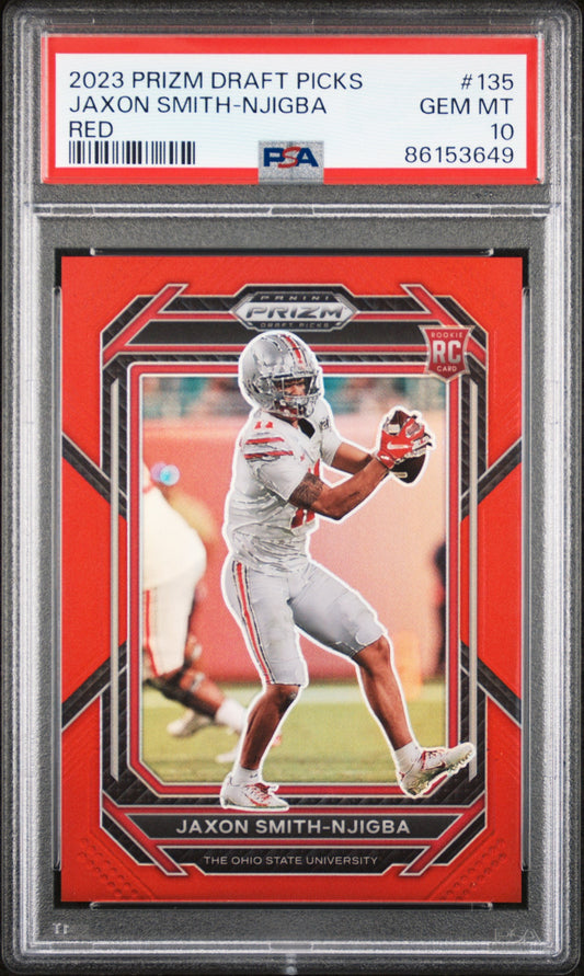 Graded 2023 Panini Prizm Draft Picks Jaxon Smith-Njigba #135 Red Rookie RC Football Card PSA 10 Gem Mint