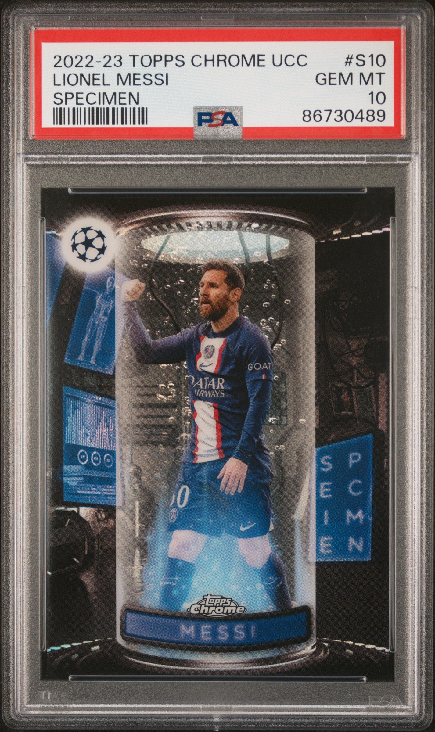 Graded 2022 Topps Chrome UCC Lionel Messi #S10 Specimen Soccer Card PSA 10 Gem Mint
