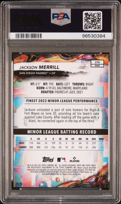 Graded 2024 Topps Finest Jackson Merrill #216 Rookie RC Baseball Card PSA 10 Gem Mint