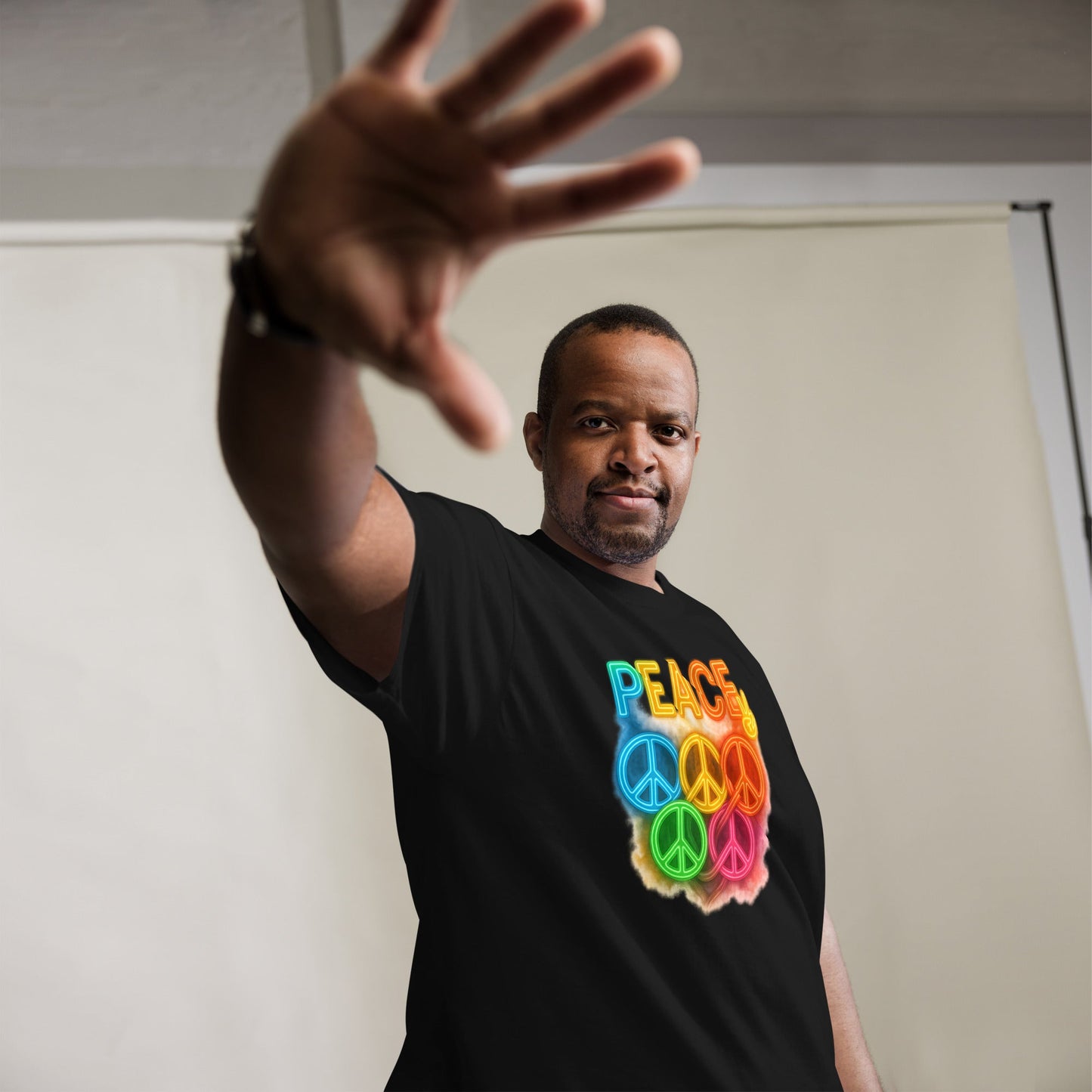 Neon Peace Sign Tee – Rainbow Glow Streetwear
