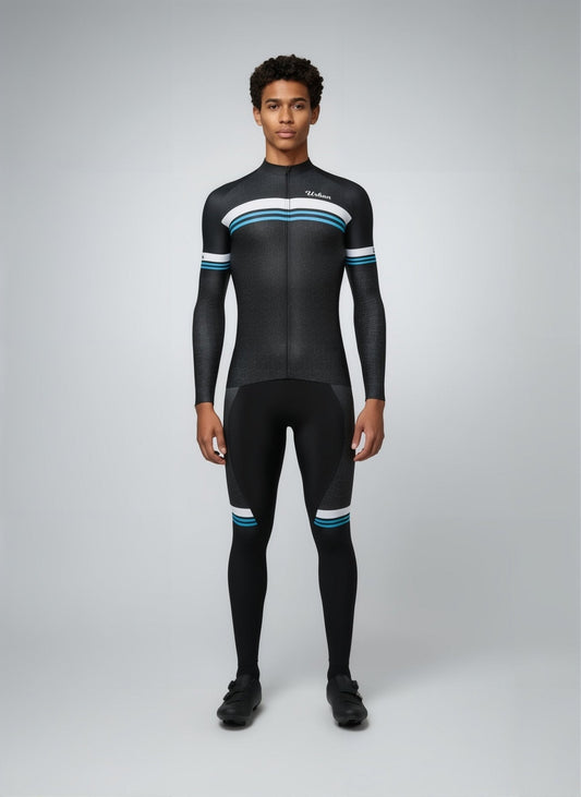 Urban Cycling Men’s Classic Black Long Sleeve Jersey & Cargo Bib Tights Kit – Comfort, Fit, and All-Season Performance