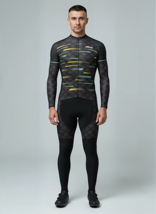 Urban Cycling Pro Carbide Thermal Long Sleeve Jersey & Cargo Bib Tights – Winter Cycling Kit for Cold-Weather Performance
