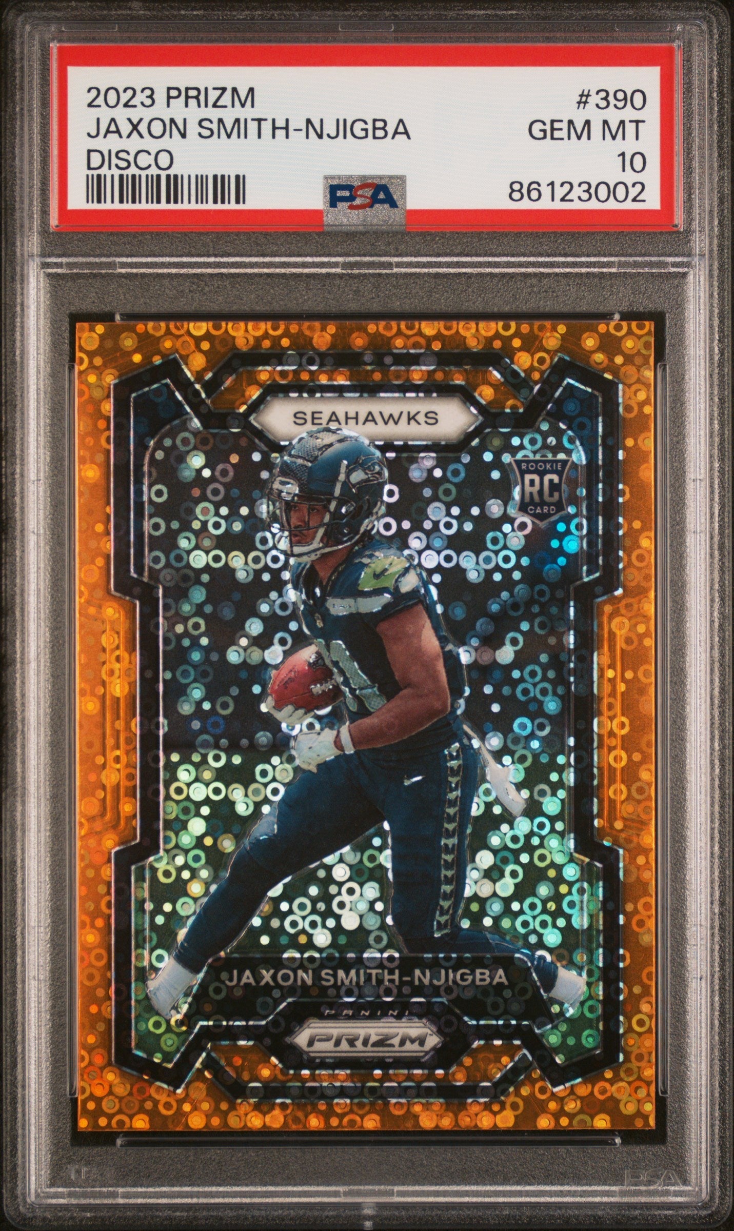 Graded 2023 Panini Prizm Jaxon Smith-Njigba #390 Disco Rookie RC Football Card PSA 10 Gem Mint