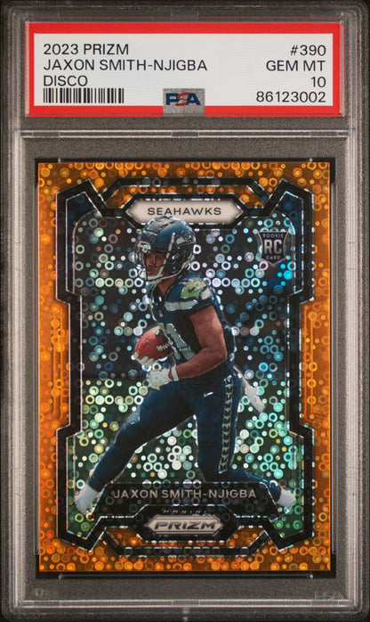 Graded 2023 Panini Prizm Jaxon Smith-Njigba #390 Disco Rookie RC Football Card PSA 10 Gem Mint