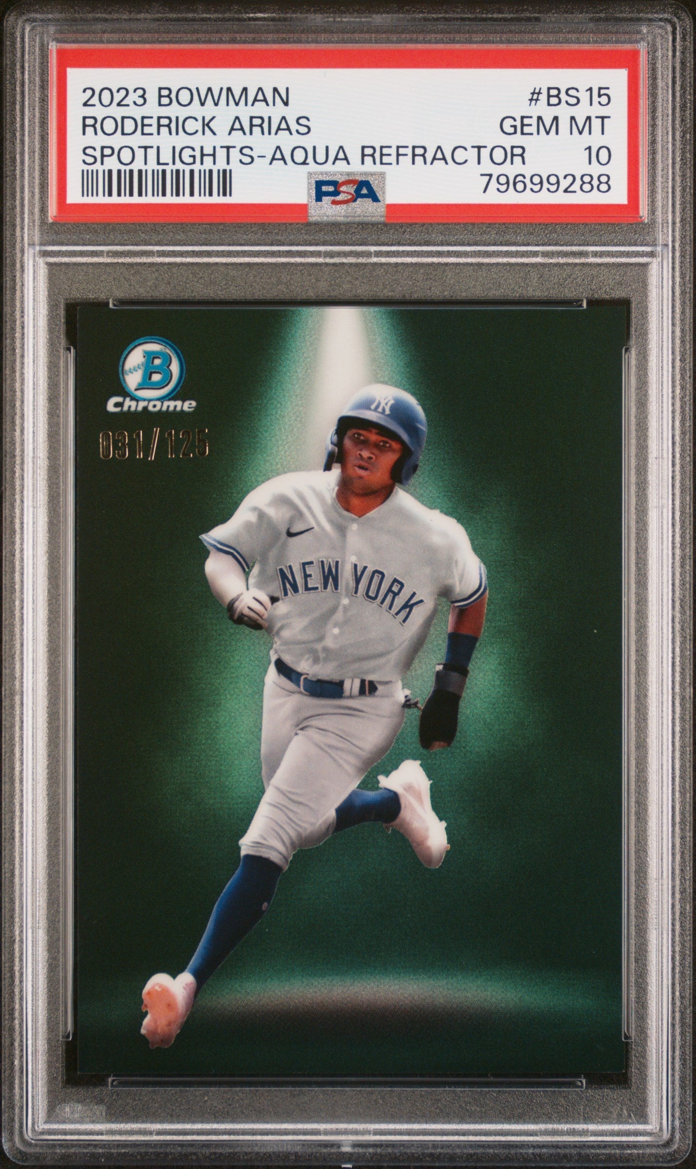 Graded 2023 Topps Bowman Roderick Arias #BS15 Spotlights Aqua Refractor #/125 Rookie RC Baseball Card PSA 10 Gem Mint