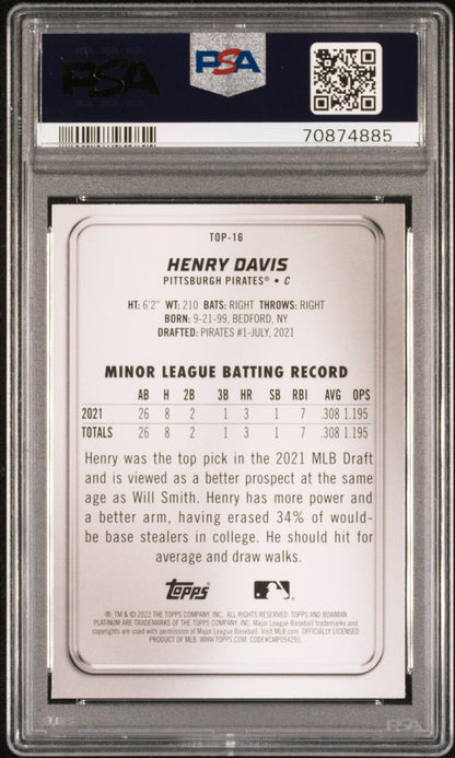 Graded 2022 Topps Bowman Platinum Henry Davis #TOP16 Top Prospects Rookie RC Baseball Card PSA 10 Gem Mint