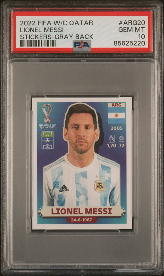 Graded 2022 Panini World Cup Qatar Lionel Messi #ARG20 Gray Back Soccer Sticker Card PSA 10 Gem Mint