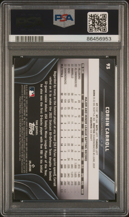 Graded 2023 Topps Chrome Black Corbin Carroll #93 Rookie RC Baseball Card PSA 10 Gem Mint