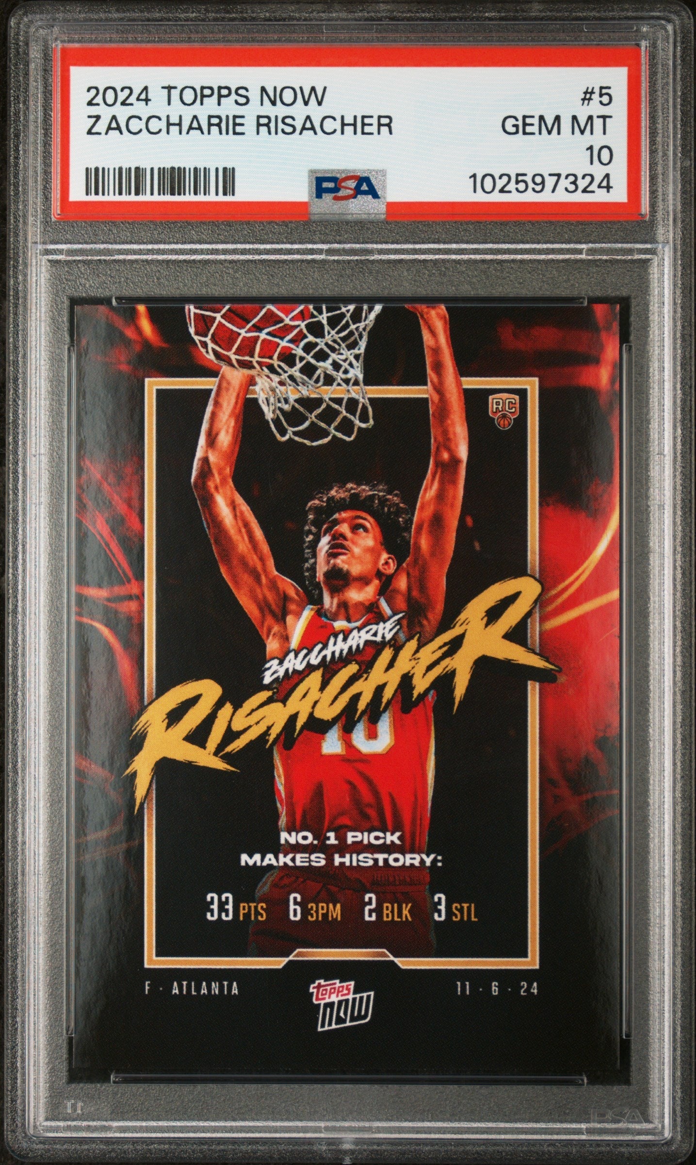 Graded 2024 Topps Now Zaccharie Risacher #5 Rookie RC Basketball Card PSA 10 Gem Mint