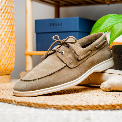 16-675-TPE VENICE Italian Sueded Goatskin Boat Shoes, Taupe