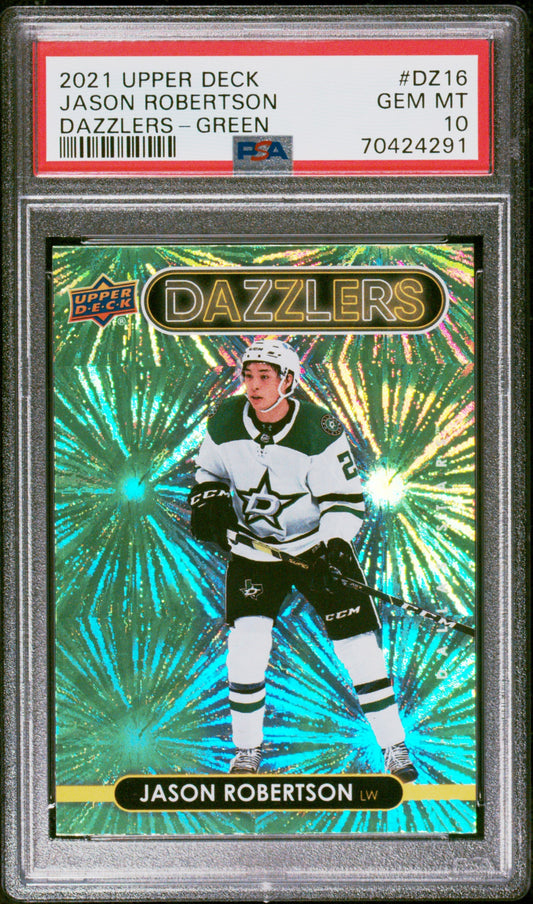 Graded 2021 Upper Deck Jason Robertson #DZ16 Dazzlers Green Hockey Card PSA 10 Gem Mint
