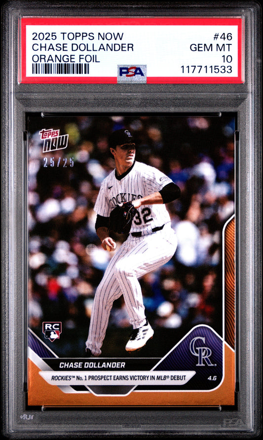 Graded 2025 Topps Now Chase Dollander #46 Orange Foil /25 Rookie RC Baseball Card PSA 10 Gem Mint