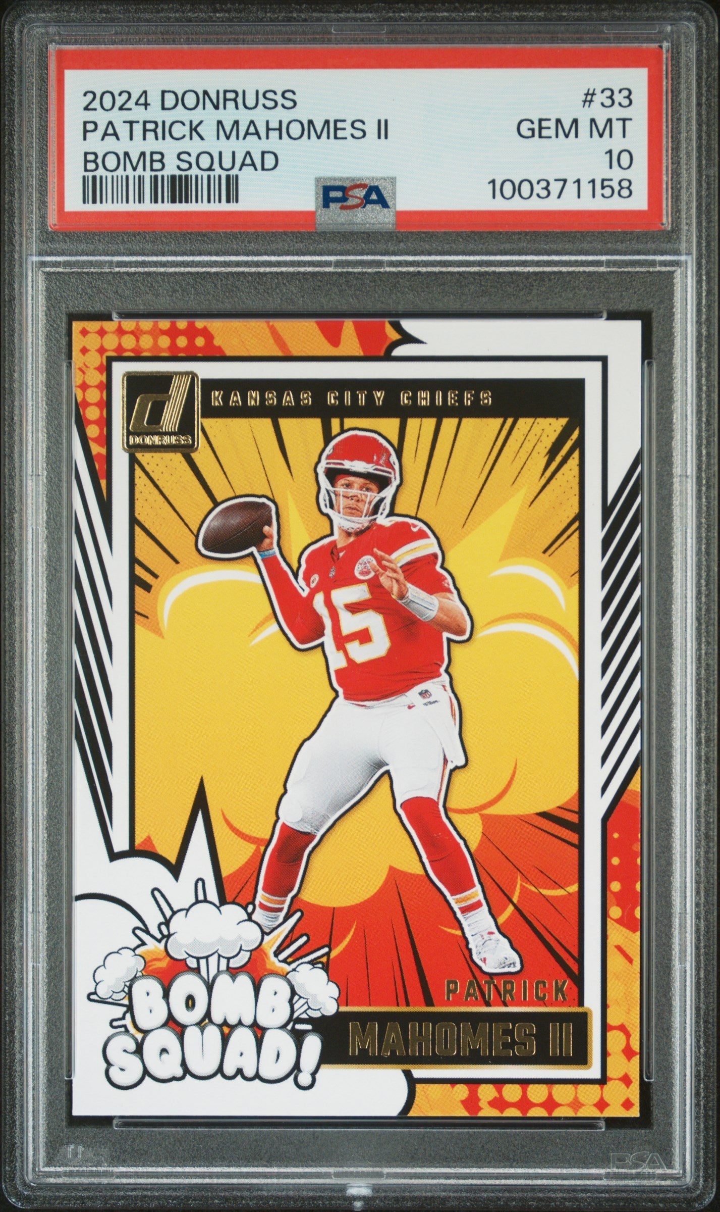 Graded 2024 Panini Donruss Patrick Mahomes II #33 Bomb Squad Football Card PSA 10 Gem Mint