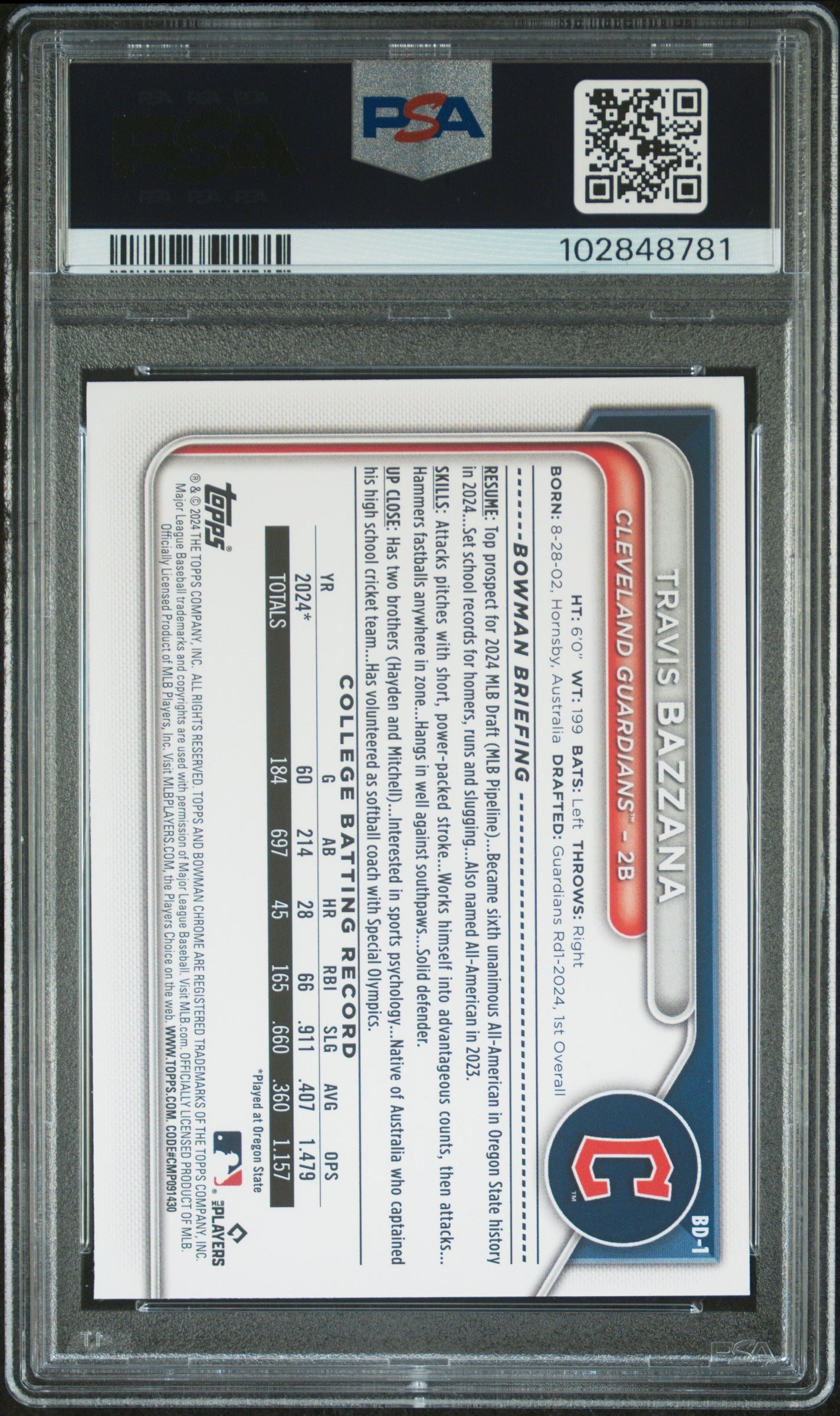 Graded 2024 Topps Bowman Draft Travis Bazzana #BD1 Rookie RC Baseball Card PSA 10 Gem Mint