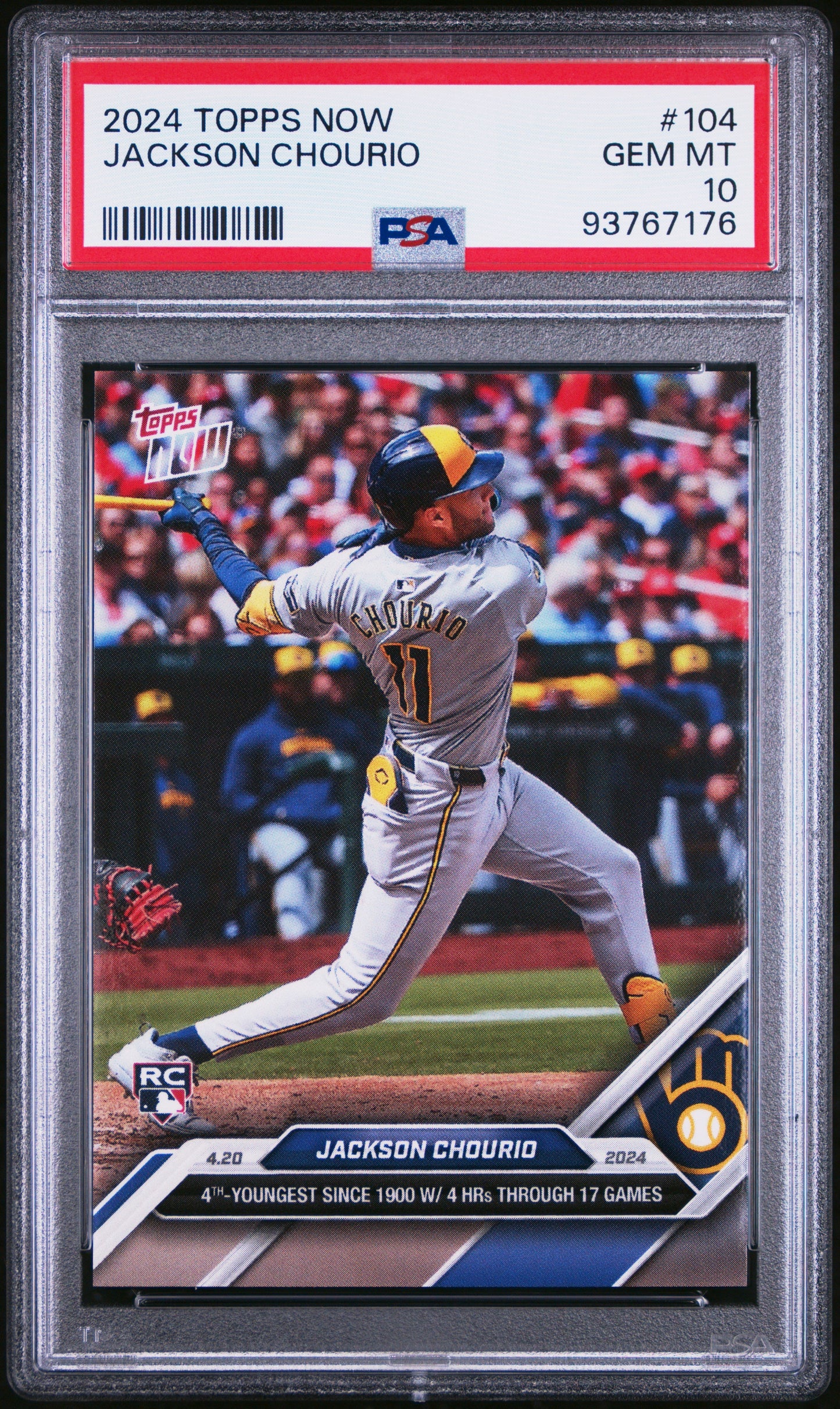 Graded 2024 Topps Now Jackson Chourio #104 Rookie RC Baseball Card PSA 10 Gem Mint