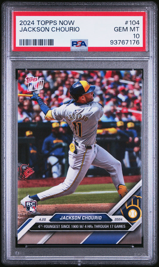Graded 2024 Topps Now Jackson Chourio #104 Rookie RC Baseball Card PSA 10 Gem Mint