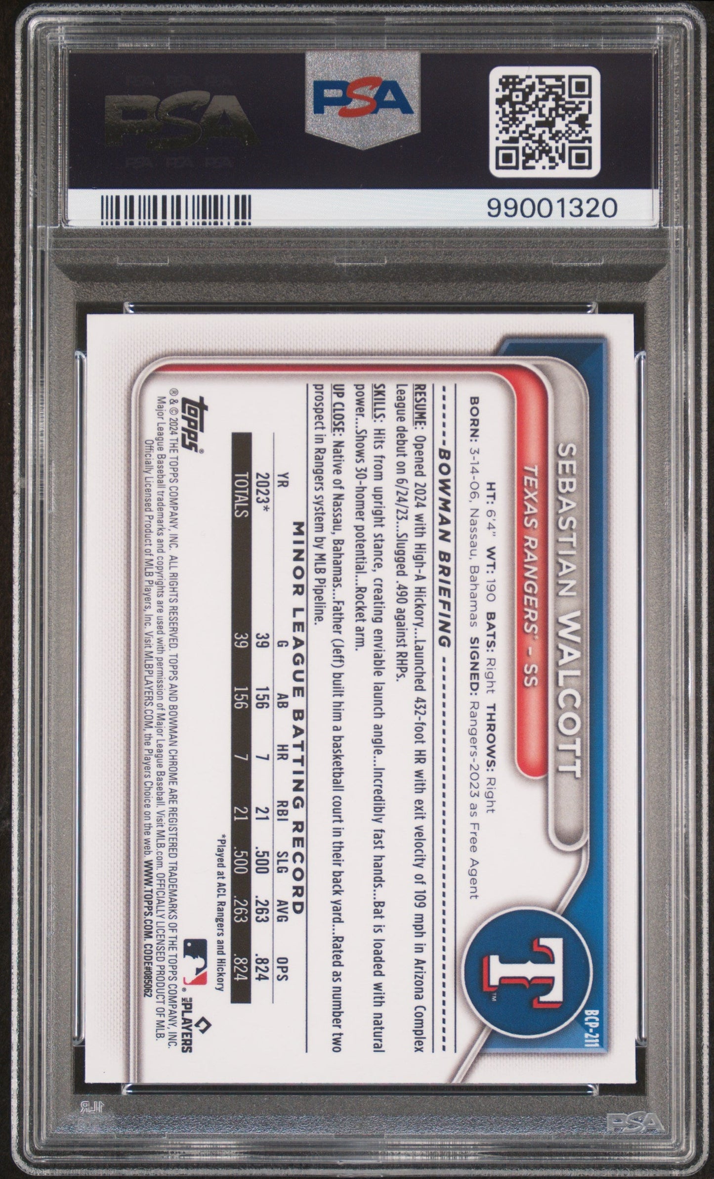 Graded 2024 Topps Bowman Chrome Sebastian Walcott #BCP211 Prospects Rookie RC Baseball Card PSA 10 Gem Mint