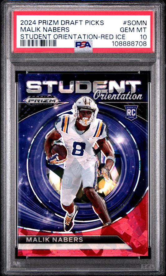 Graded 2024 Panini Prizm Draft Picks Malik Nabers #SOMN Student Orientation Red Ice Rookie RC Football Card PSA 10 Gem Mint
