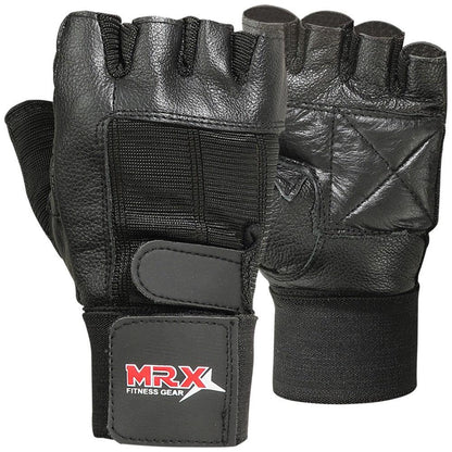 MRX Weight Lifting Gloves With Long Wrist Strap Genuine Leather Black All Sizes - Triathlete Store