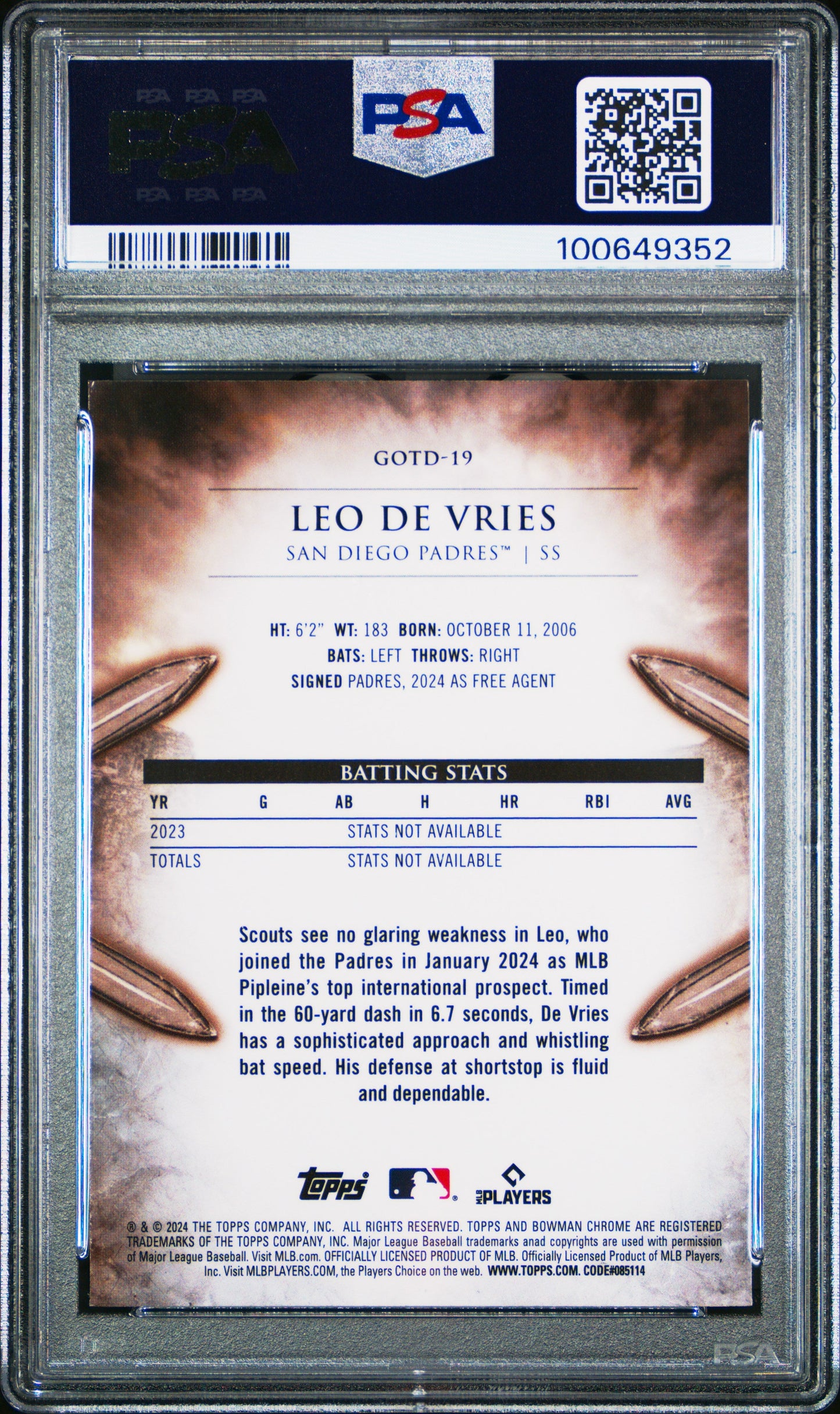 Graded 2024 Topps Bowman Chrome Leo De Vries #19 Gladiators of the Diamond Rookie RC Baseball Card PSA 10 Gem Mint