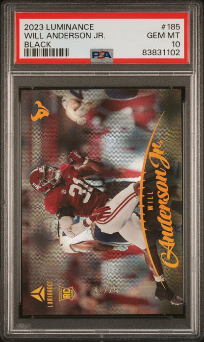 Graded 2023 Panini Luminance Will Anderson #185 Black Rookie RC Football Card PSA 10 Gem Mint