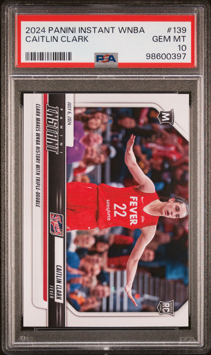 Graded 2024 Panini Instant WNBA Caitlin Clark #139 First Rookie With Triple Double Rookie RC Basketball Card PSA 10 Gem Mint