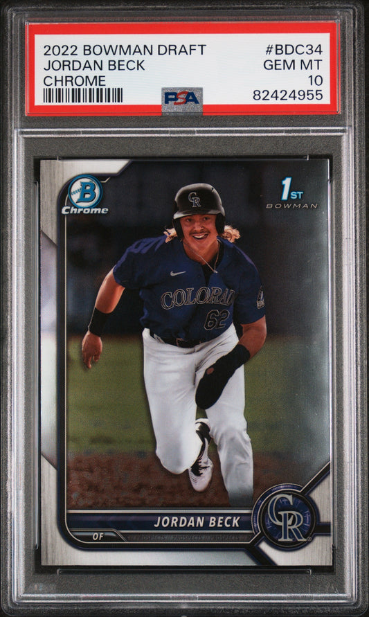 Graded 2022 Topps Bowman Draft Jordan Beck #BDC34 Chrome Rookie RC Baseball Card PSA 10 Gem Mint