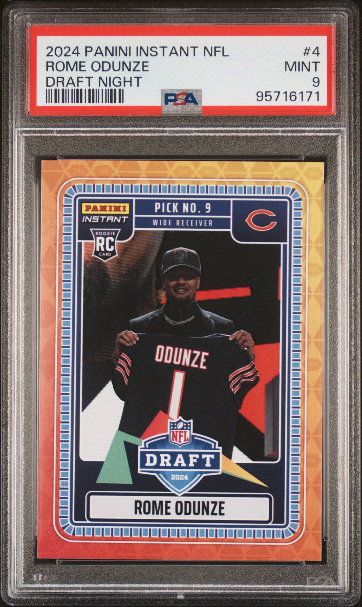 Graded 2024 Panini Instant NFL Rome Odunze #4 Draft Night Rookie RC Football Card PSA 9 Mint