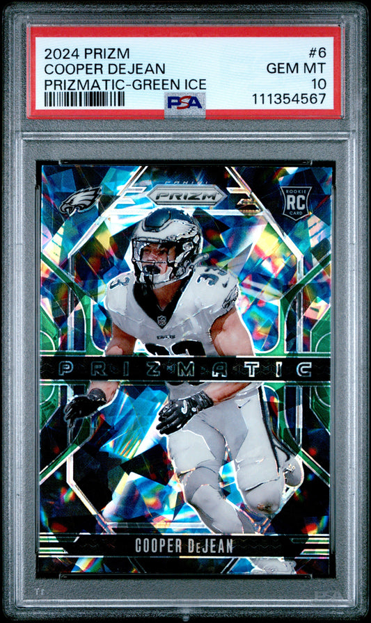 Graded 2024 Panini Prizm Cooper DeJean #6 Prizmatic Green Ice Rookie RC Football Card PSA 10 Gem Mint
