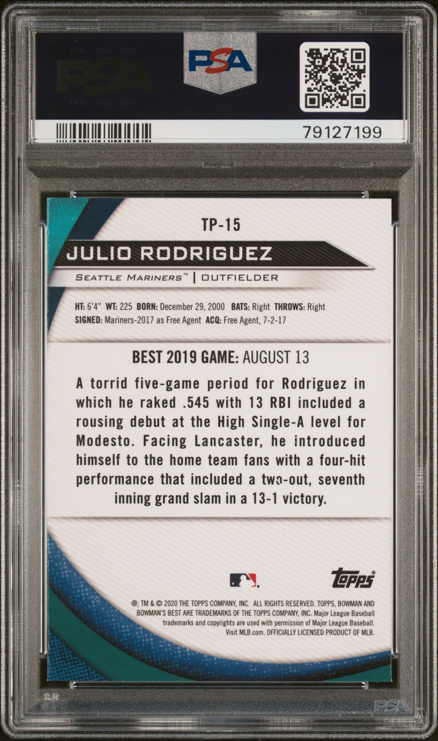 Graded 2020 Topps Bowmans Best Julio Rodriguez #TP15 Top Prospects Rookie RC Baseball Card PSA 10 Gem Mint