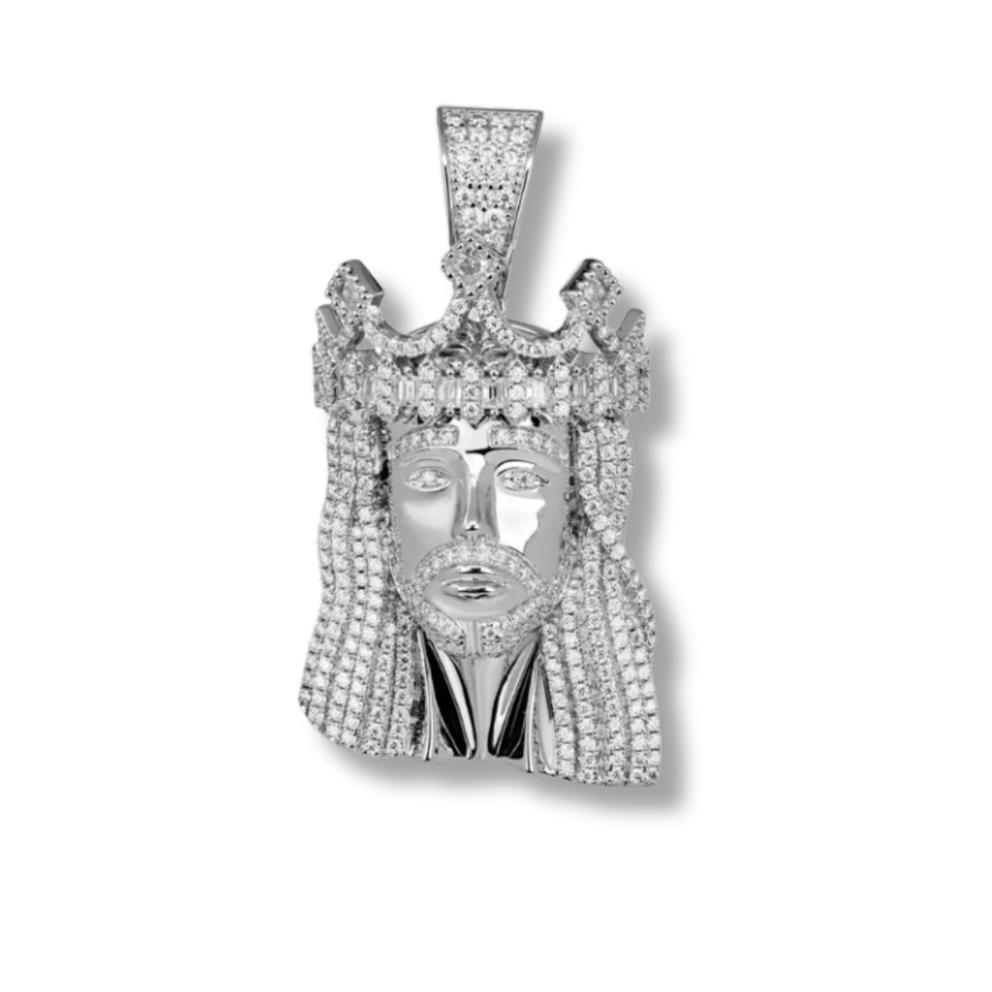 Moissanite Iced King Crown Jesus Head Piece Pendant - 925 Sterling Silver