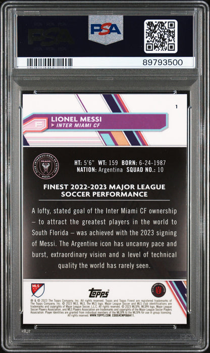 Graded 2023 Topps Finest Lionel Messi #1 Soccer Card PSA 10 Gem Mint