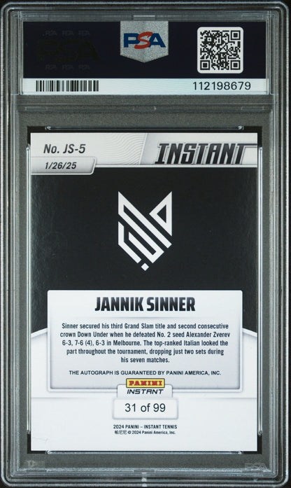 Graded 2024 Panini Instant Jannik Sinner #JS5 Autograph /99 Rookie RC Tennis Card PSA 10 Gem Mint Auto Grade PSA 10 Gem Mint