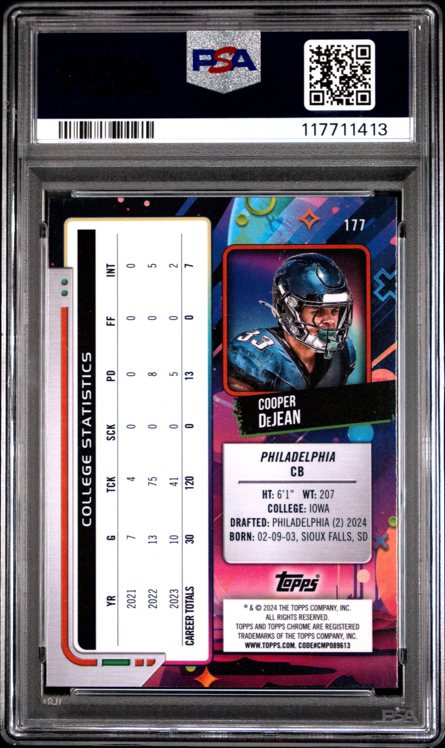 Graded 2024 Topps Cosmic Chrome Cooper DeJean #177 Rookie RC Football Card PSA 10 Gem Mint