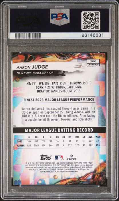 Graded 2024 Topps Finest Aaron Judge #200 Purple Refractor #/200 Baseball Card PSA 10 Gem Mint