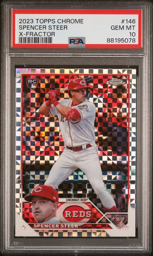Graded 2023 Topps Chrome Spencer Steer #146 XFractor Rookie RC Baseball Card PSA 10 Gem Mint