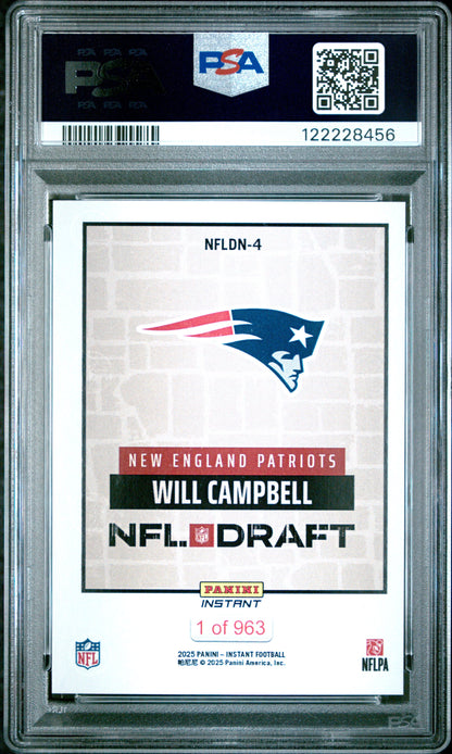 Graded 2025 Panini Instant Will Campbell #NFLDN4 NFL Draft Night Rookie RC Football Card PSA 10 Gem Mint
