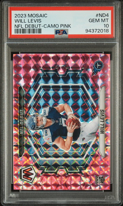 Graded 2023 Panini Mosaic Will Levis #ND4 NFL Debut Camo Pink Rookie RC Football Card PSA 10 Gem Mint